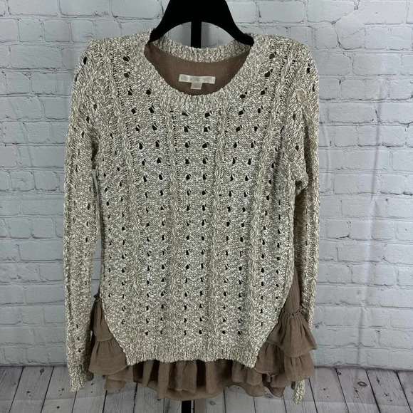 Boston Proper Tan Ruffle Hem Sweater Size Small - Picture 1 of 7